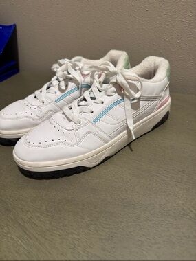 Bershka White Athletic Sneakers with Light Blue and Pink Accents size 41